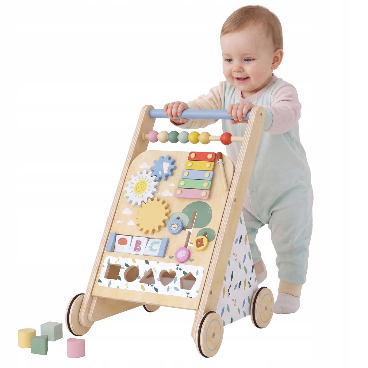 Wooden pusher AIYAPLAY for children with wheels and blocks, from 18 months