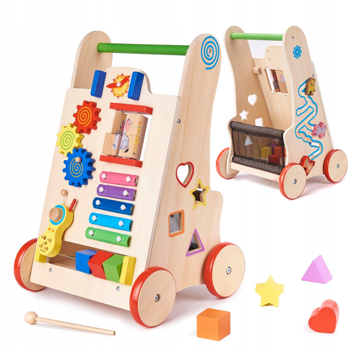 Wooden pusher Ikonka educational cube 6in1 beige
