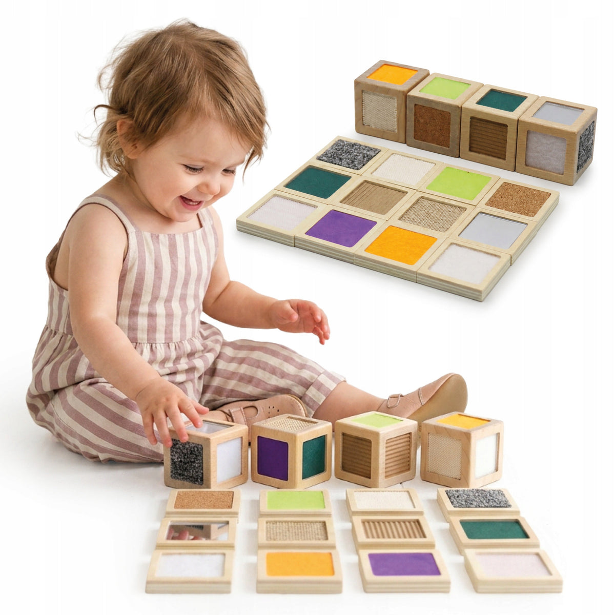 Wooden sensory blocks – cubes with textures and tiles for matching