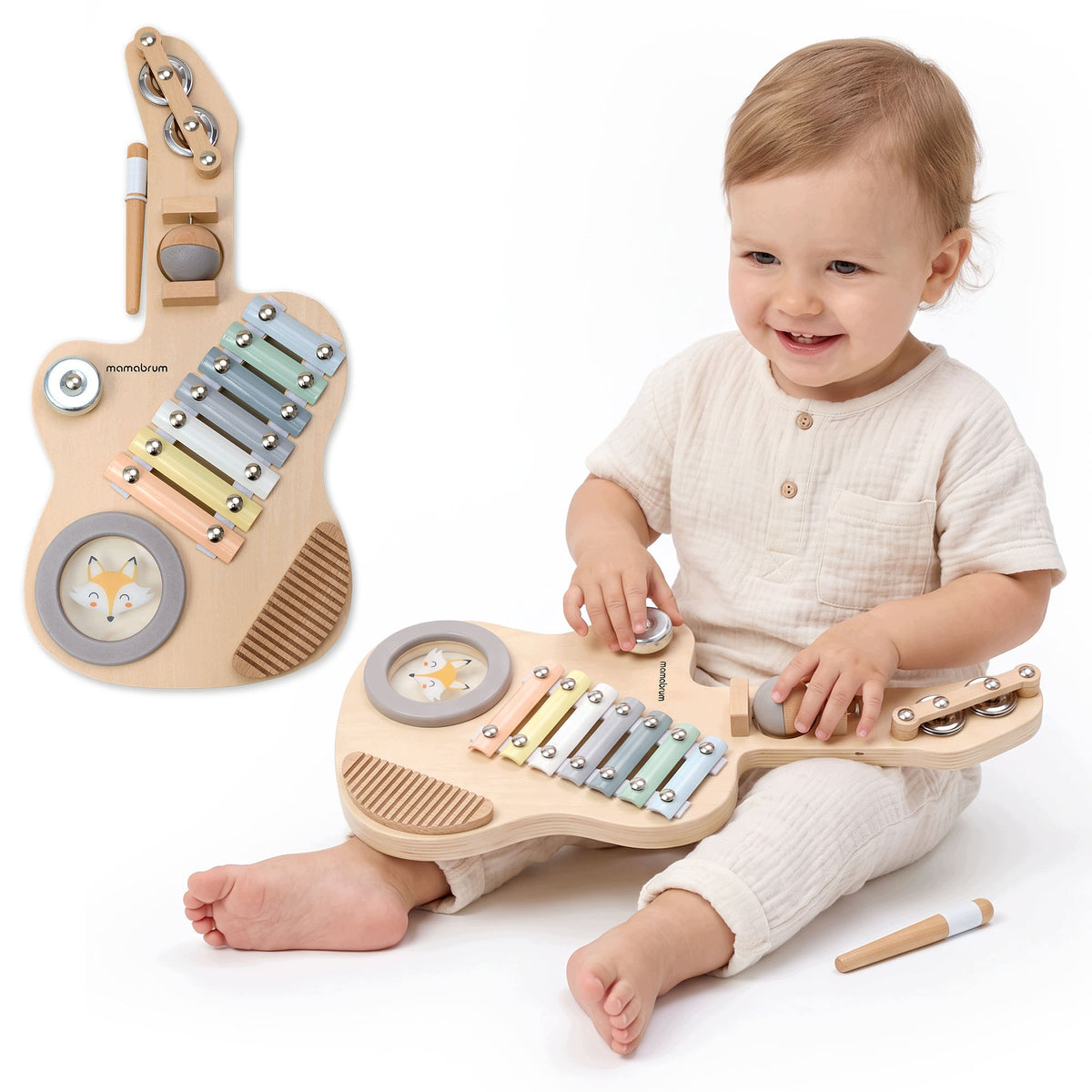 Wooden sensory guitar for children Mamabrum with cymbals and drum
