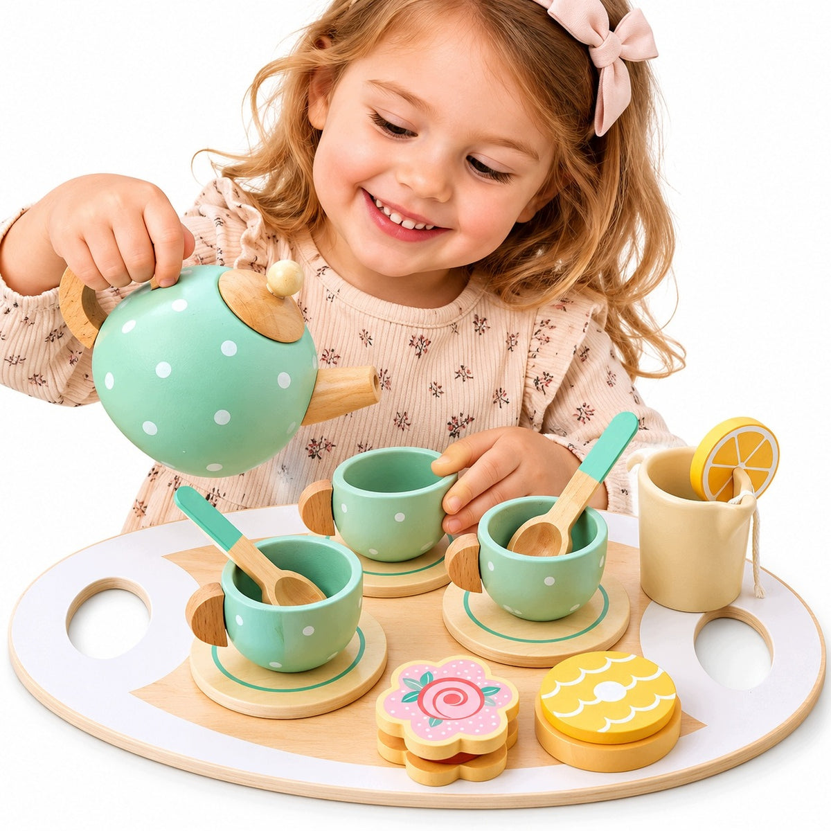 Wooden tea set for children service cup kettle tray