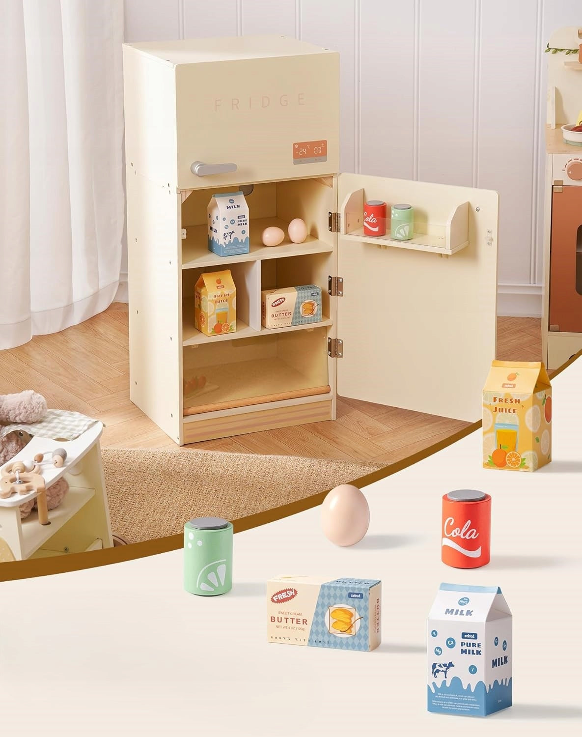 Wooden toy fridge with accessories for children's kitchen ROBOTIME Manufacturer code WCF41