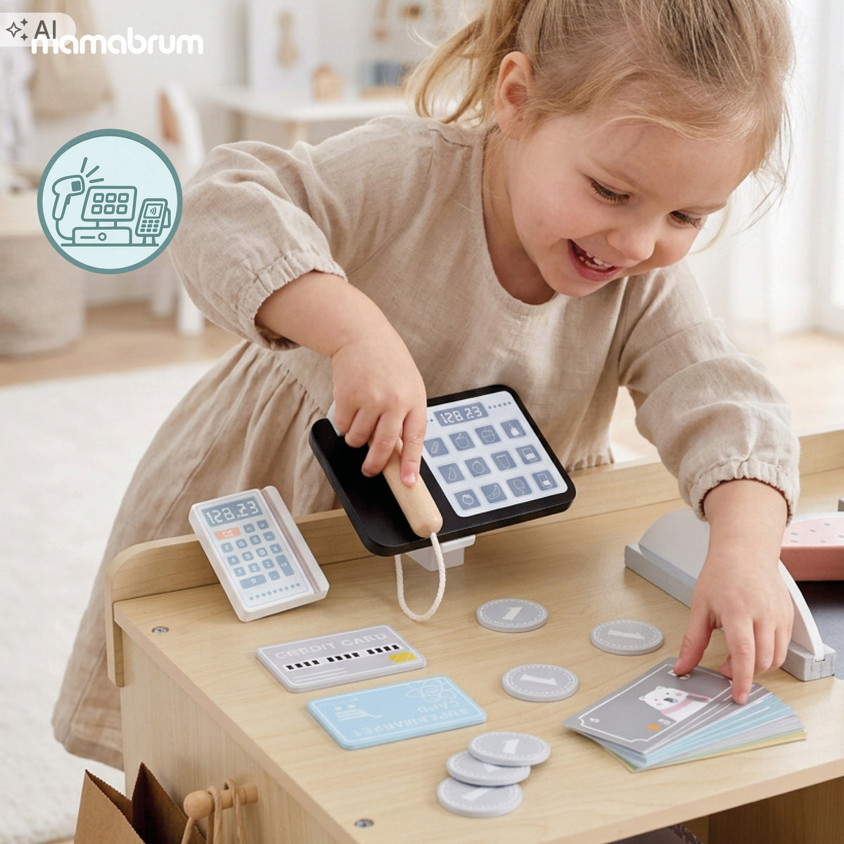 Wooden toy store for children Mamabrum cash register, scanner and 60 accessories Manufacturer code MAM370 MARKET