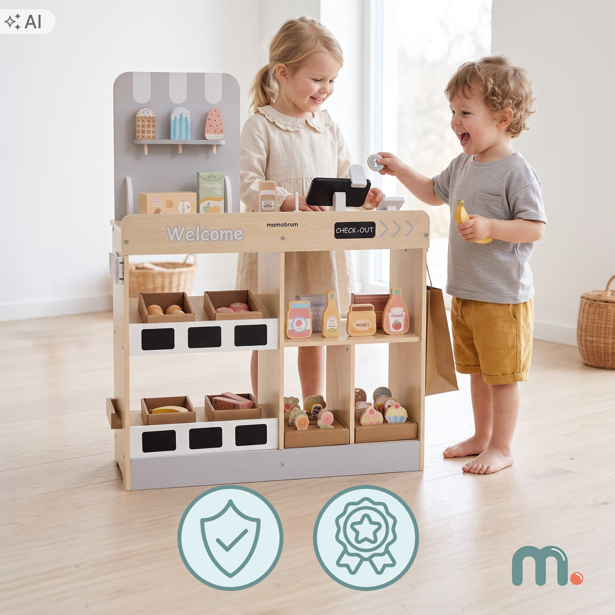 Wooden toy store for children Mamabrum cash register, scanner and 60 accessories Packaging status original