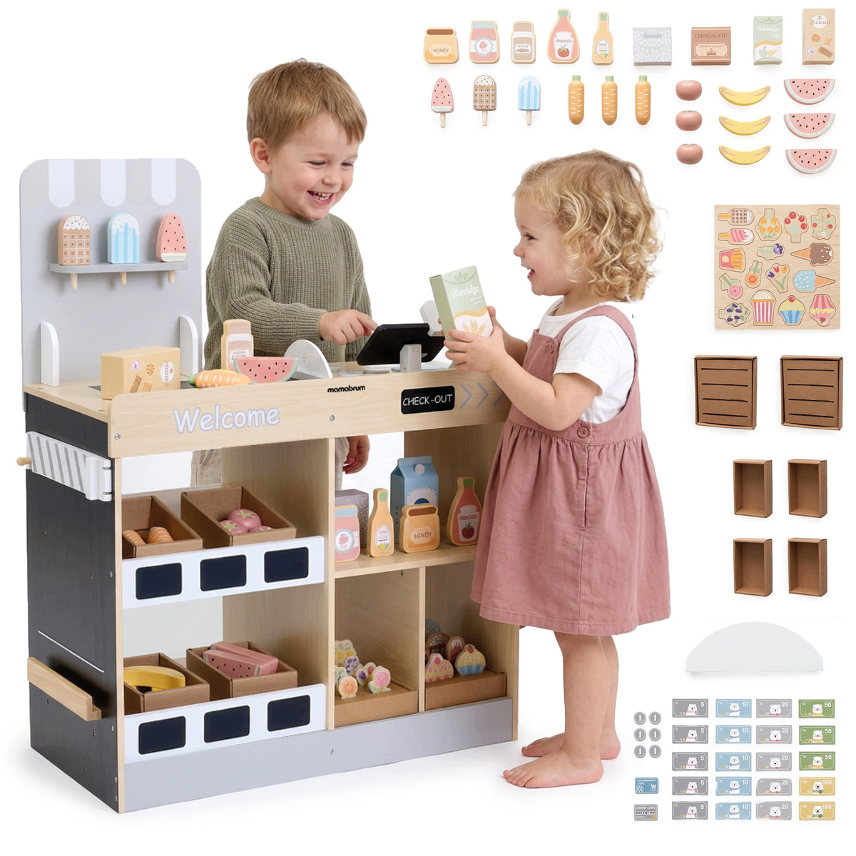 Wooden toy store for children Mamabrum cash register, scanner and 60 accessories