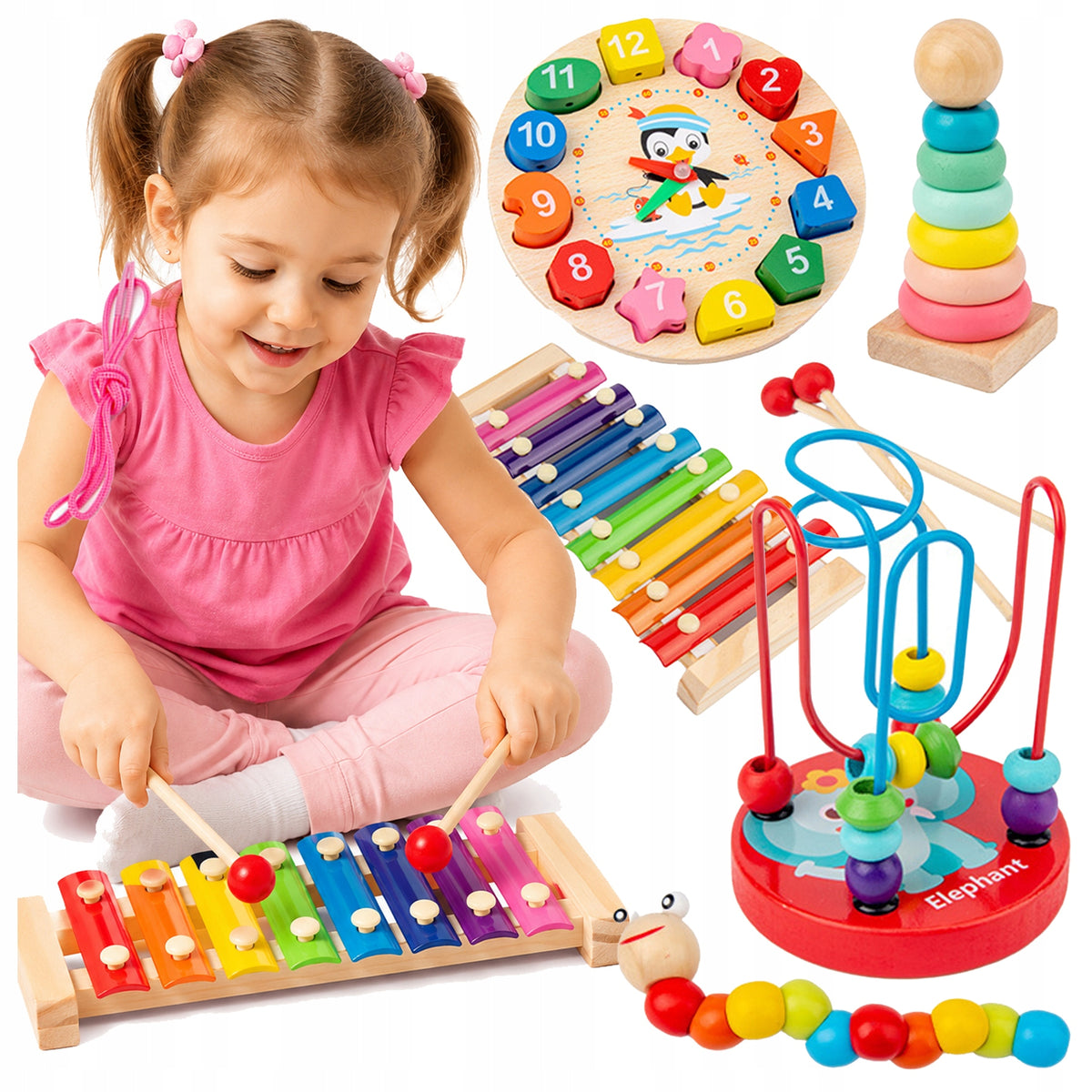 Wooden toys for children set 5in1 cymbals labyrinth tower caterpillar Packaging status original