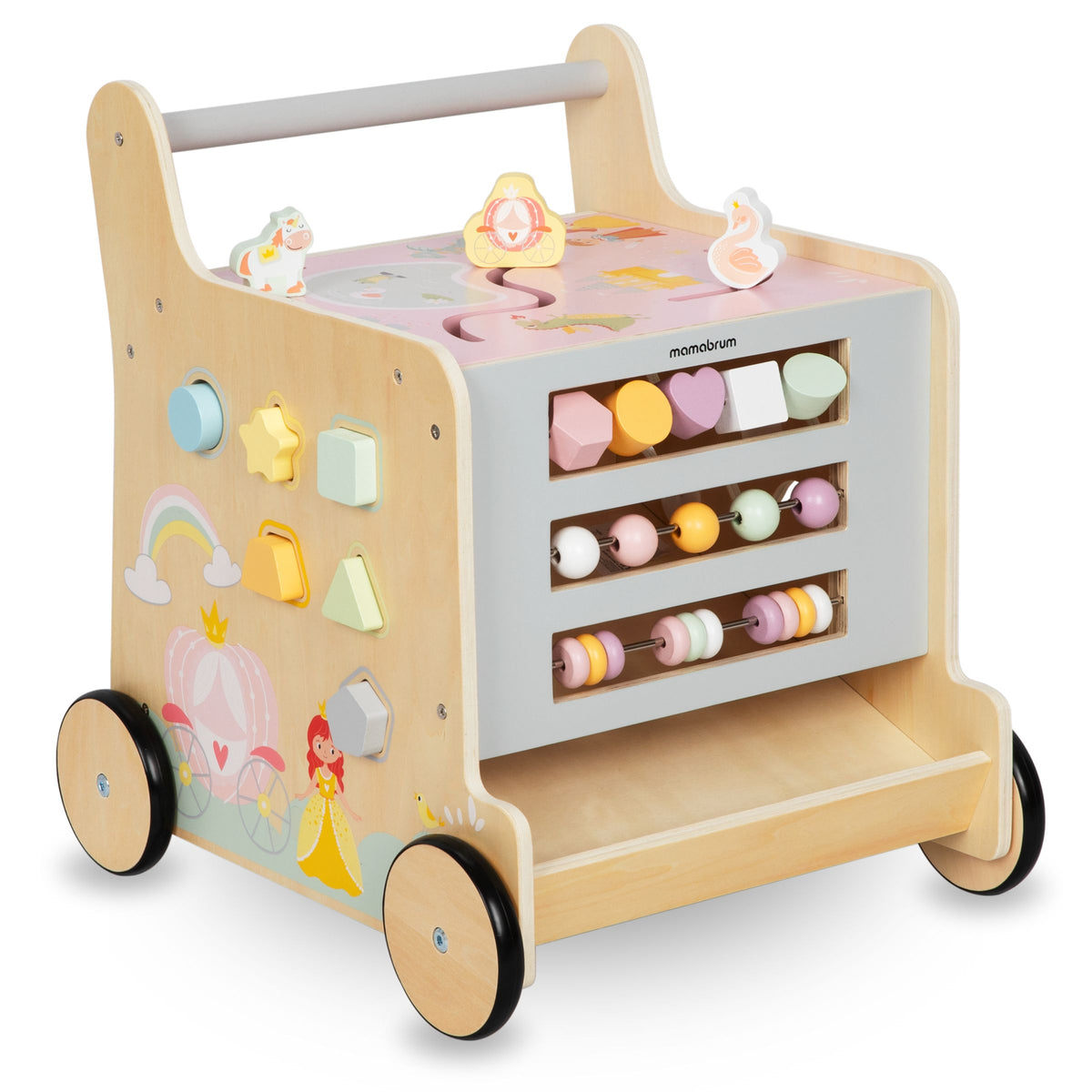 Wooden walker 2in1 with educational cube function, natural - Mamabrum