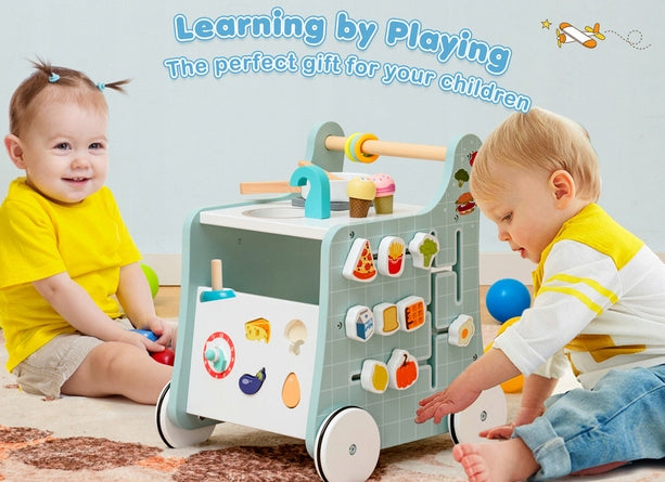 Wooden walker pusher for children kitchen with accessories - blue Brand Costway
