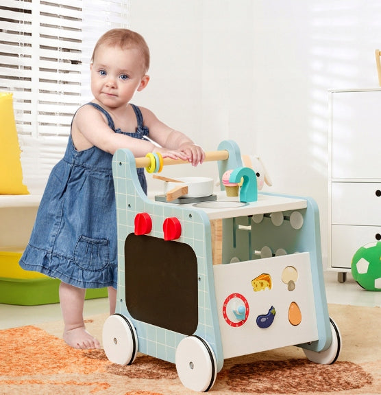 Wooden walker pusher for children kitchen with accessories - blue Packaging status original