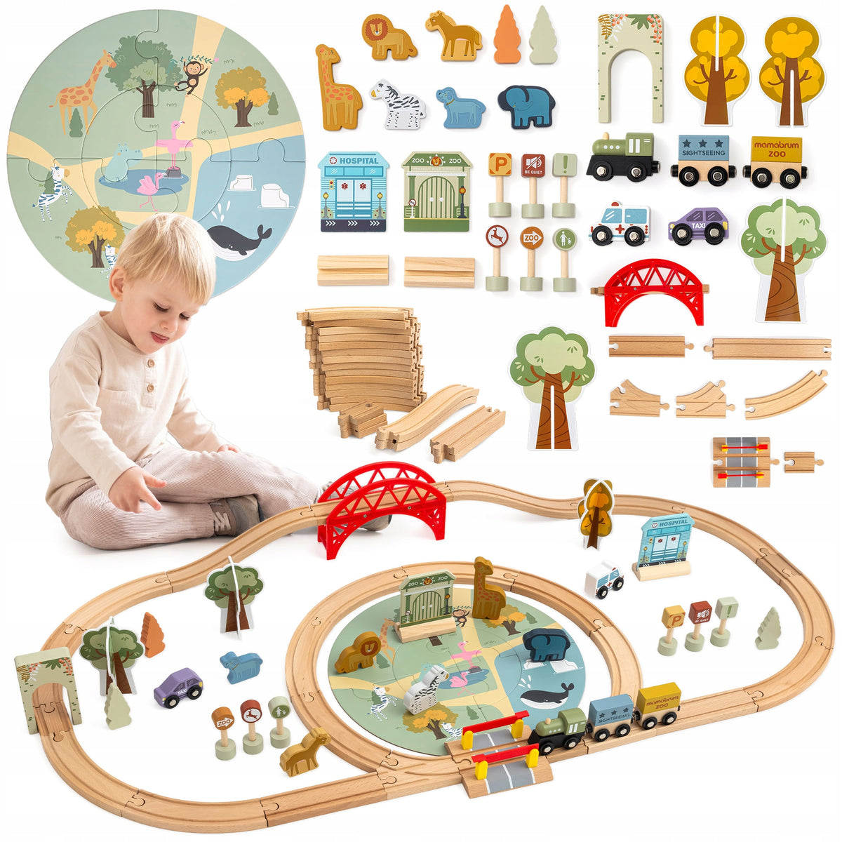 Wooden zoo railway – puzzle, train, tracks, animals, bridge, barrier