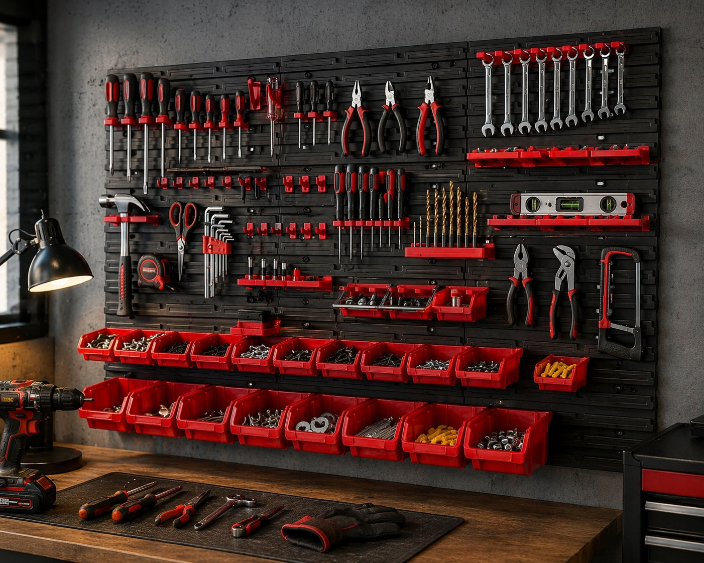 Workshop Tool Board for Garage Wall Cuvette Containers 117X78 Additional features hangable fastening holes for elements