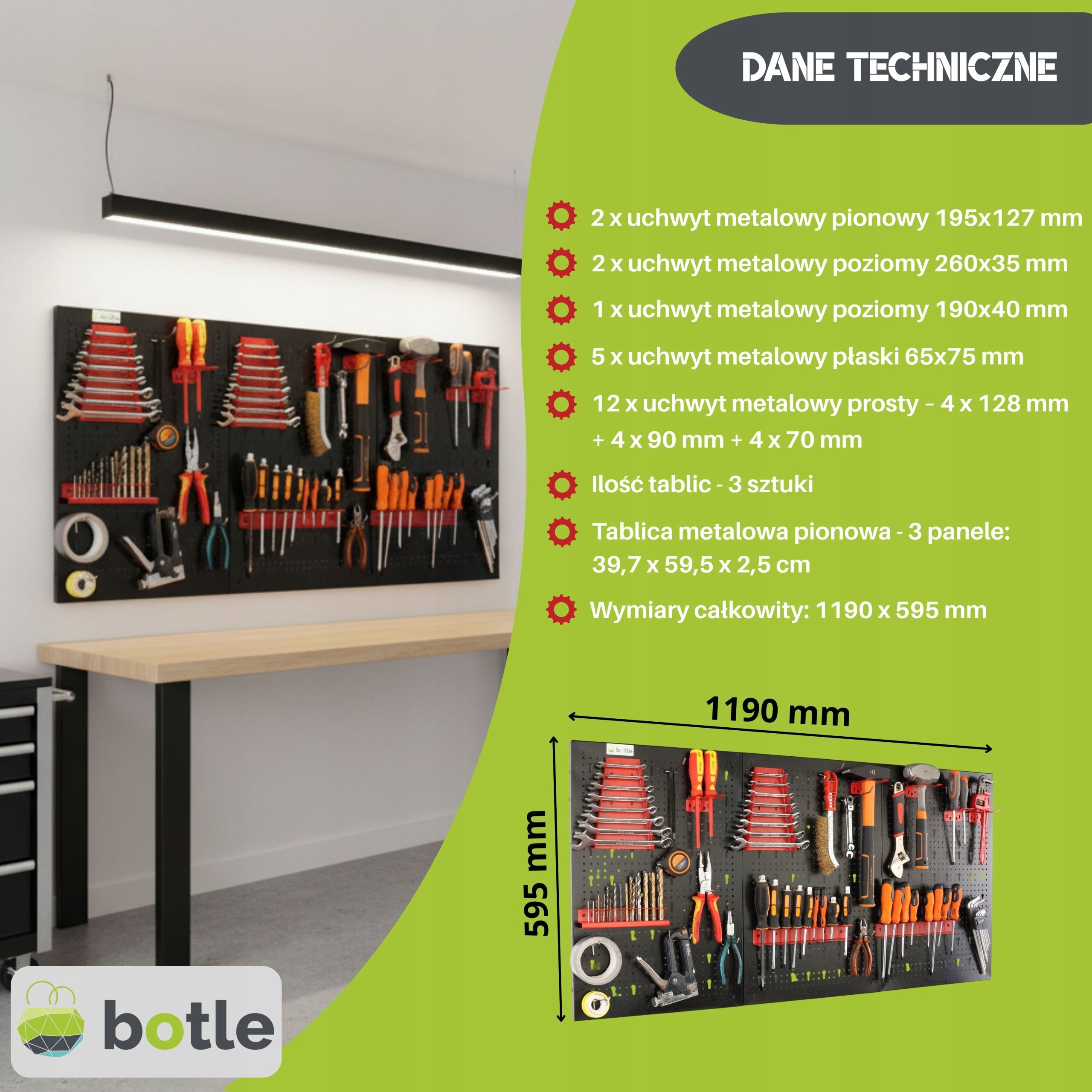 Workshop board botle 120x60 cm metal + set of 22 handles and shelves steel Brand Botle