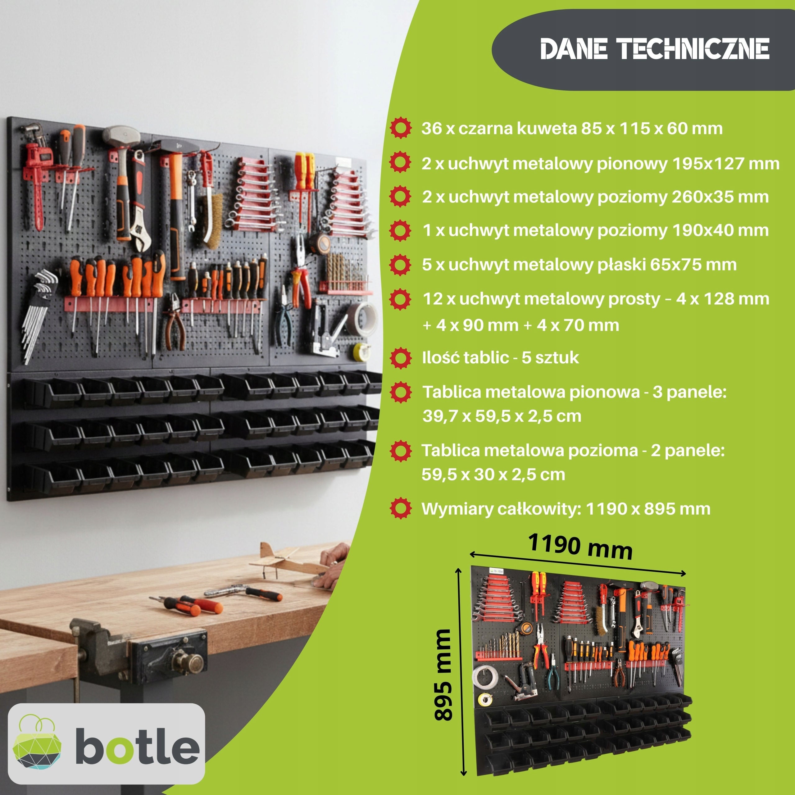 Workshop board botle 120x90cm metal 36x container black handles Brand Botle