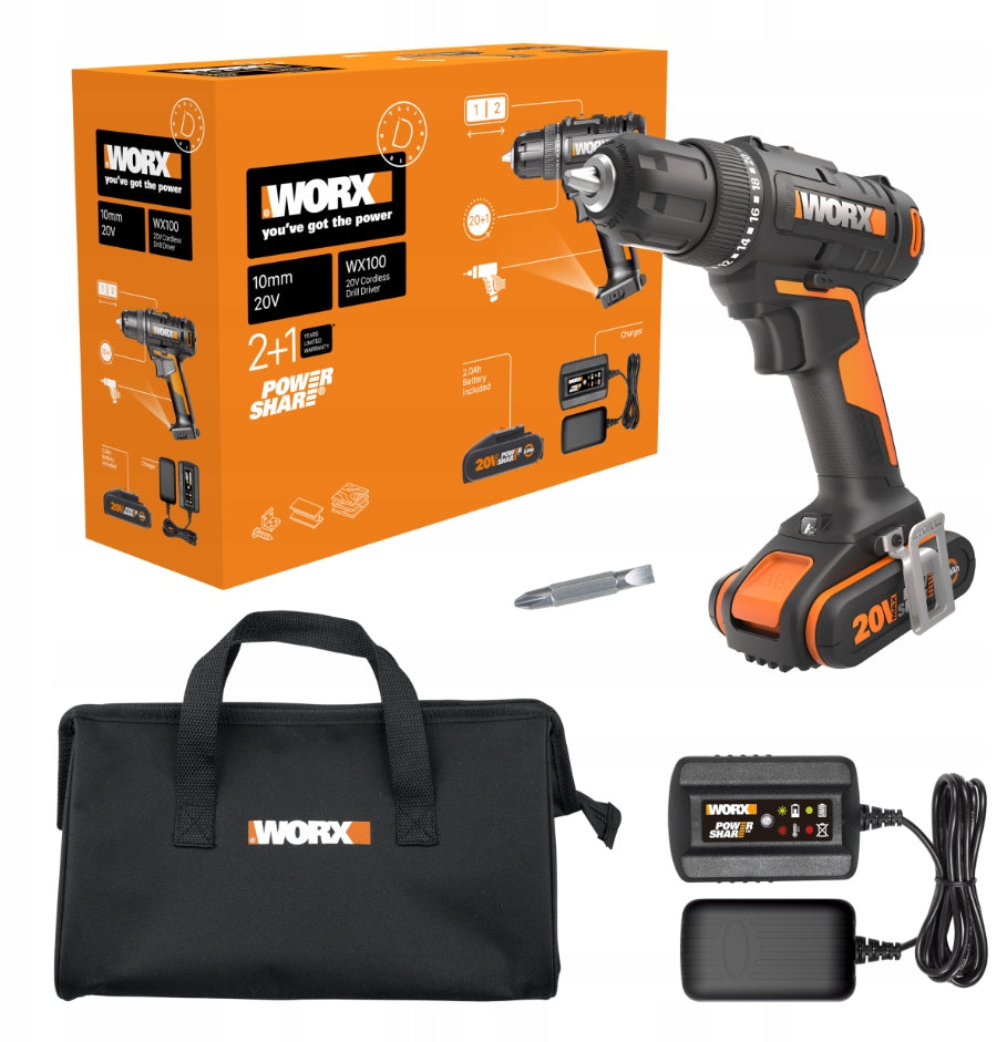 Worx WX100 20V DRILL CORDLESS SCREWDRIVER 30Nm Battery 2,0Ah