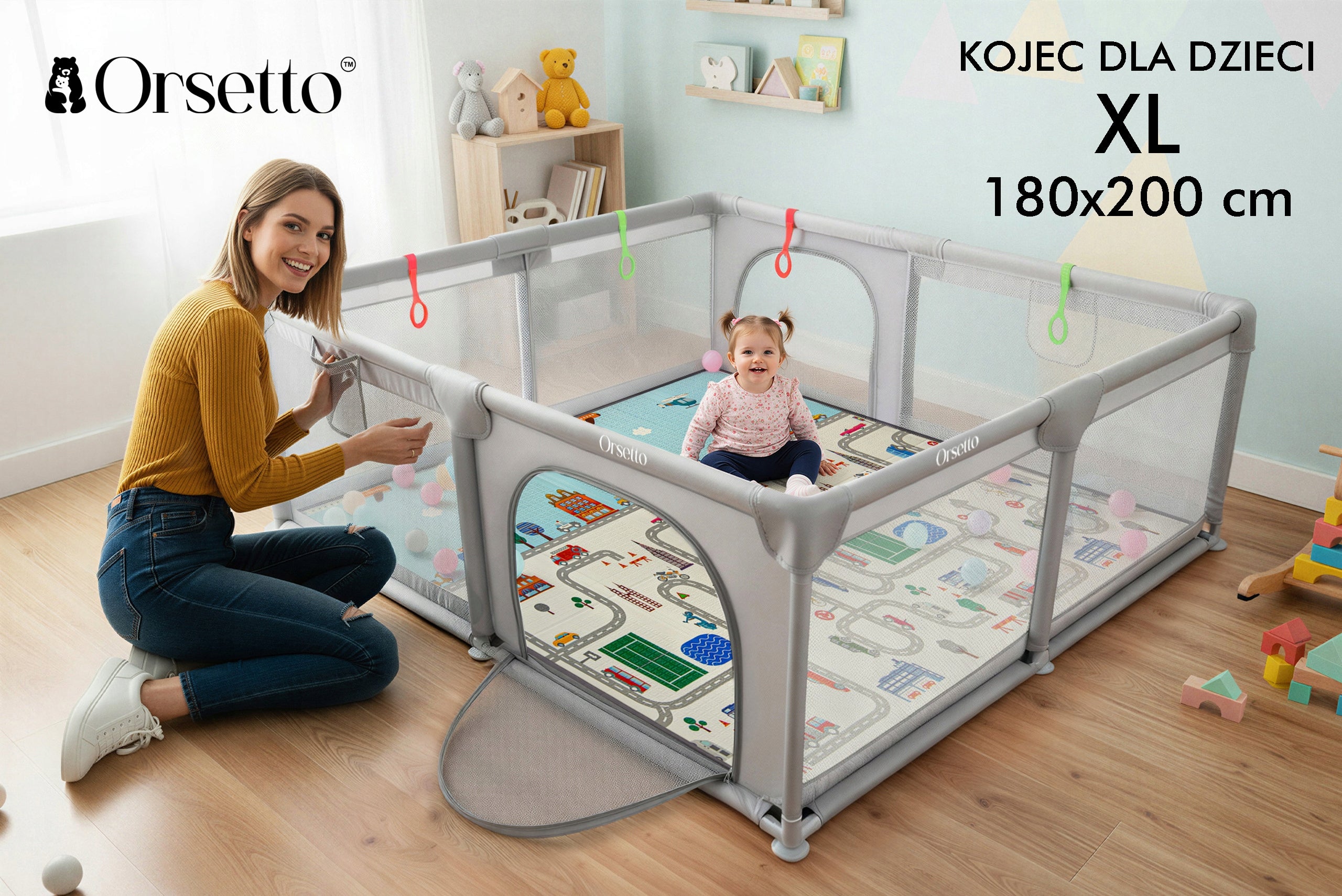 XL CHILDREN'S PLAYPEN WITH FOAM MAT 180x200 cm + 4 HANDLES 50 BALLS Manufacturer code 5905226111781