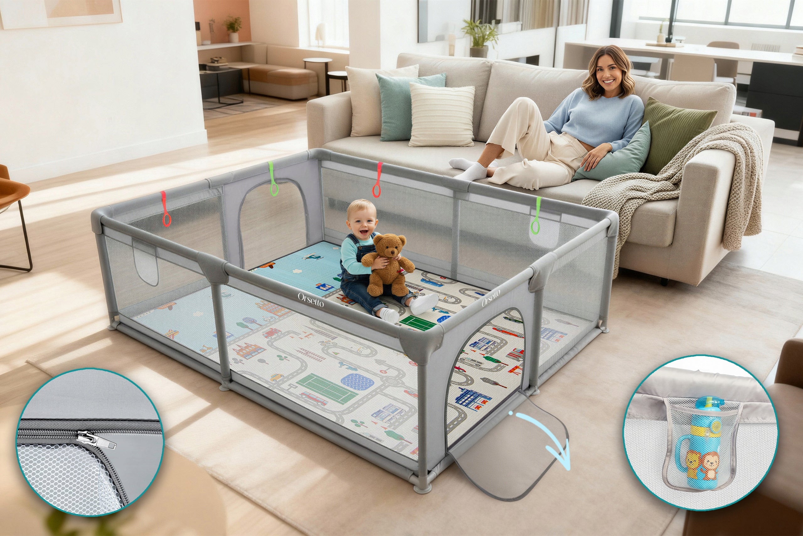 XL CHILDREN'S PLAYPEN WITH FOAM MAT 180x200 cm + 4 HANDLES 50 BALLS Product width 200 cm