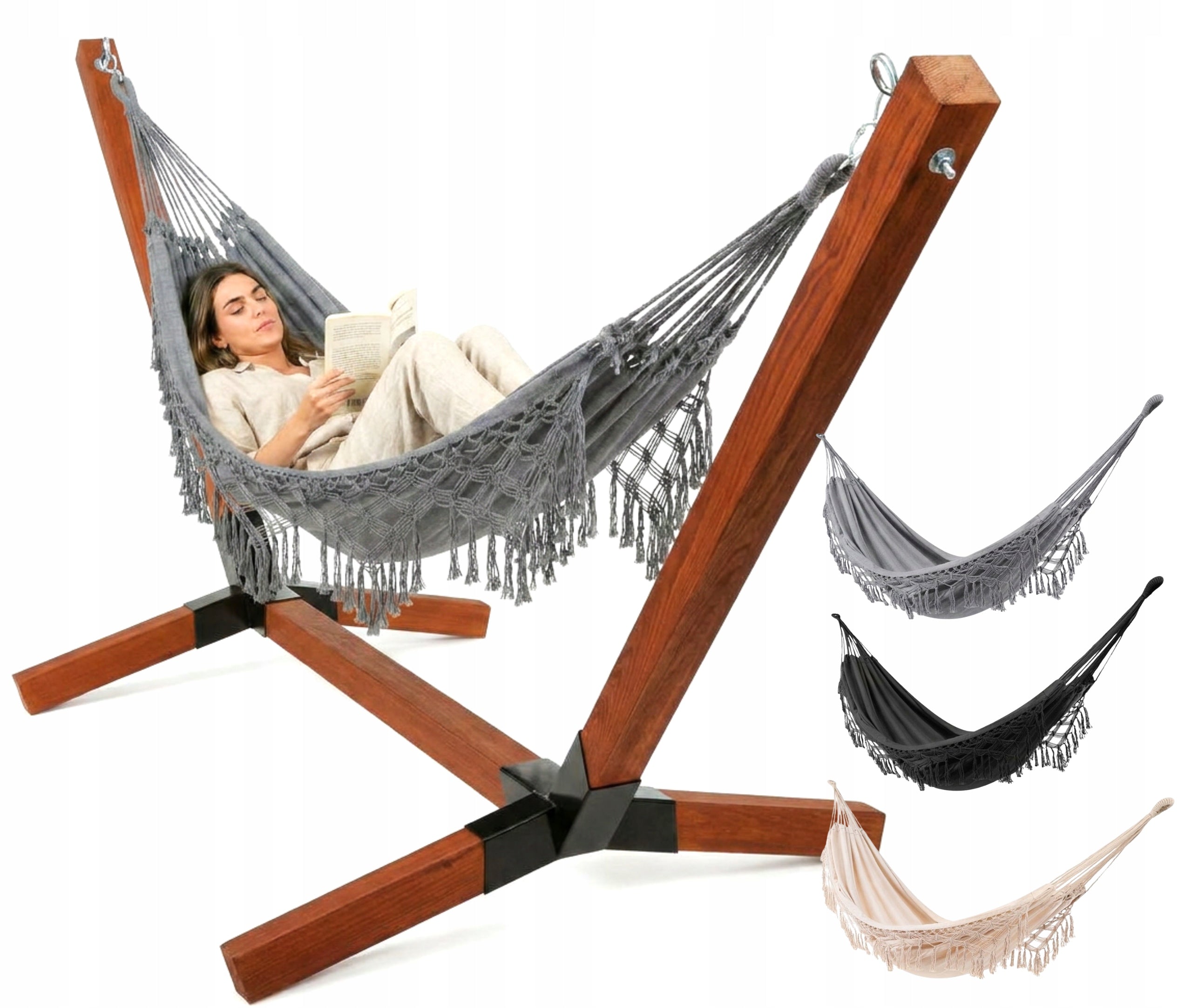 XL Set Wooden Hammock Frame Impregnated 220kg + Boho Hammock Grey Manufacturer code Stelaż Luxury