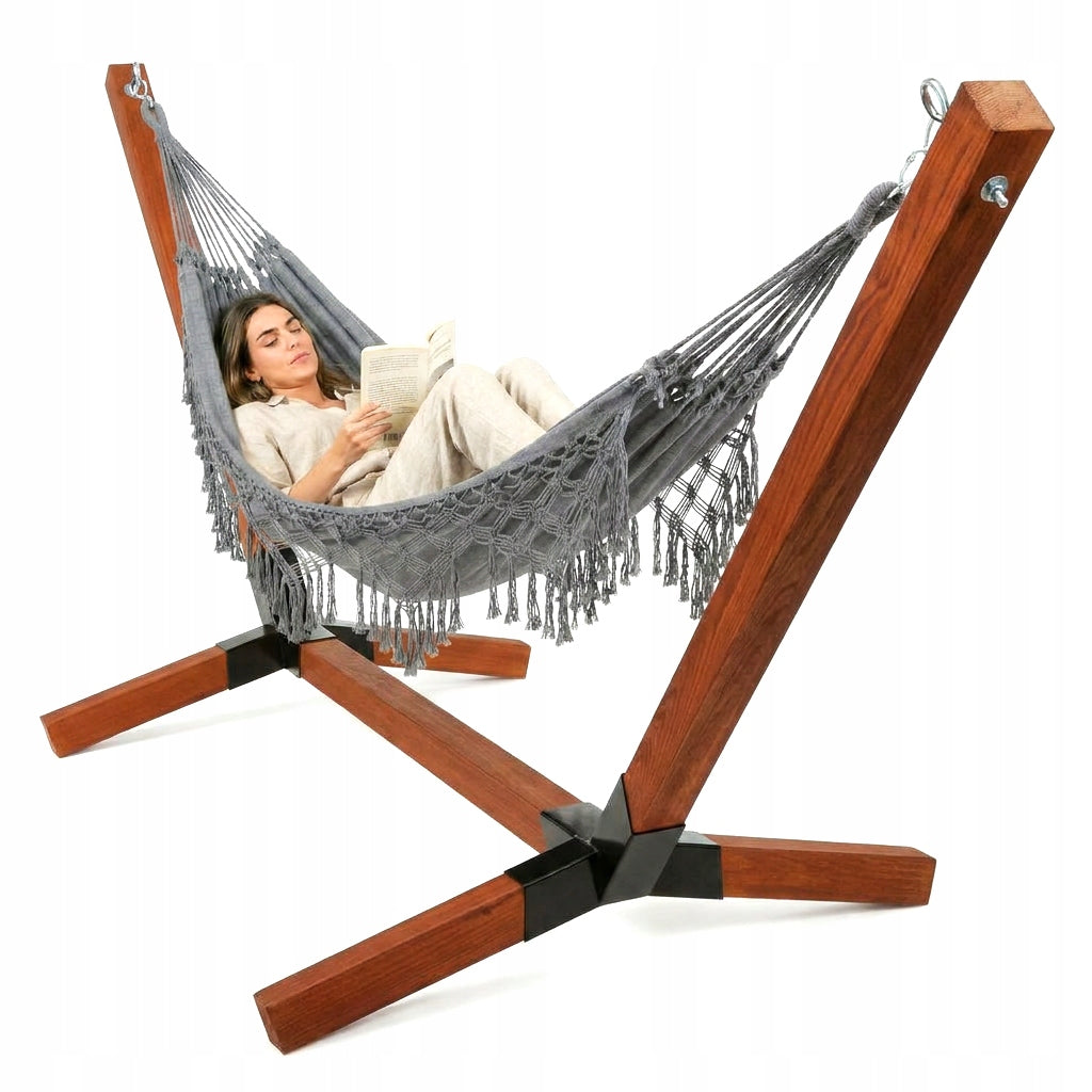 XL Set Wooden Hammock Frame Impregnated 220kg + Boho Hammock Grey
