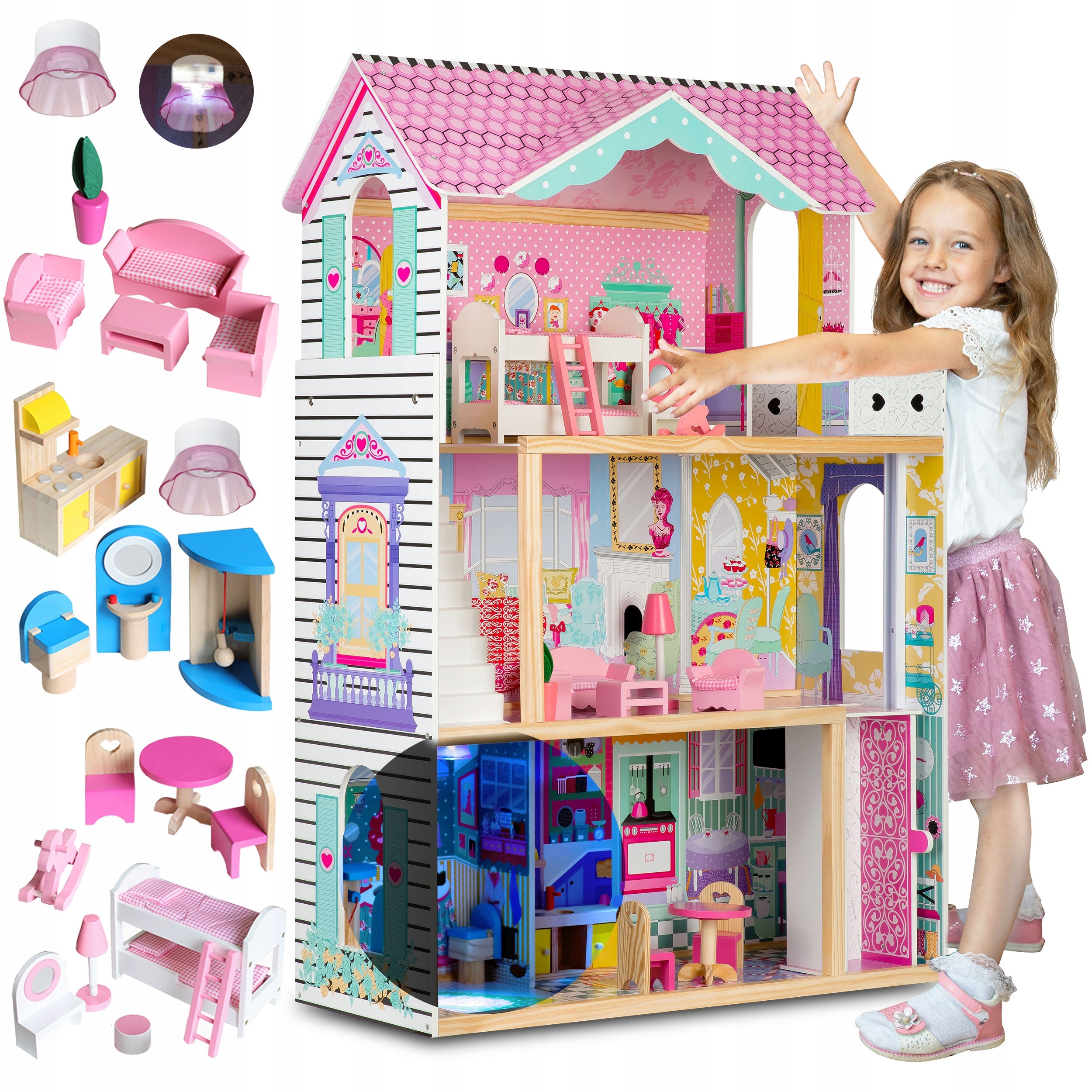 XXL LARGE WOODEN PINK DOLLHOUSE FURNITURE ELEVATOR LED ACCESSORIES
