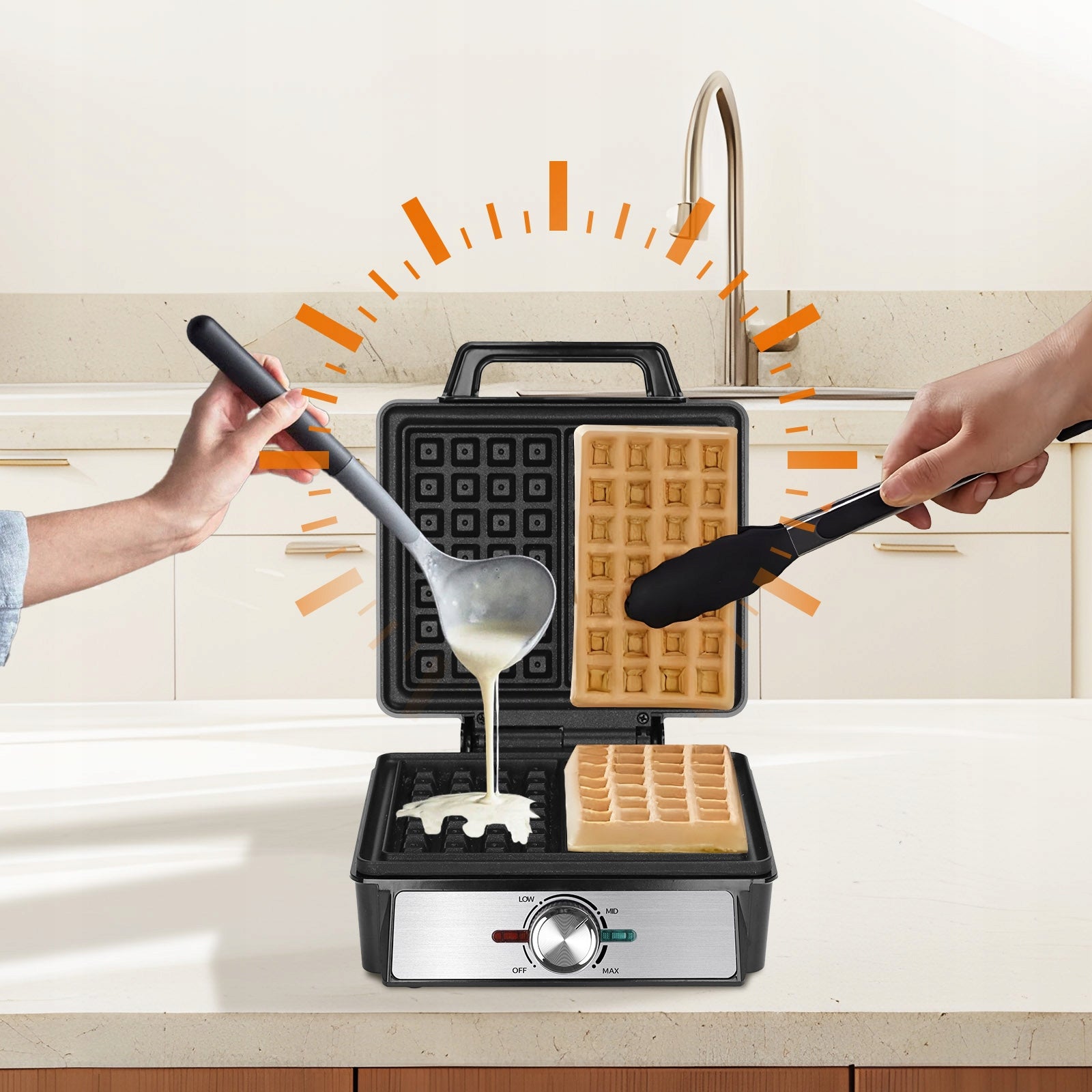 XXL Waffle Iron 1600W 2 Waffles Temperature Control Crunchy Power rating 1600 W