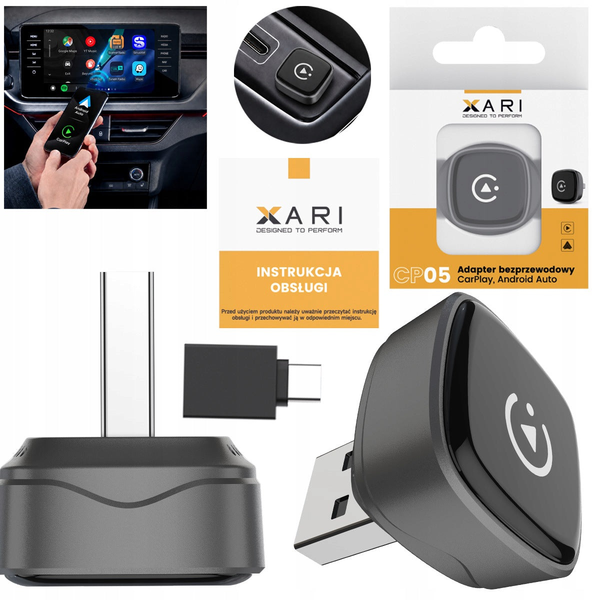 Xari CP05 Wireless Mini Adapter CarPlay Android Auto USB-A USB-C
