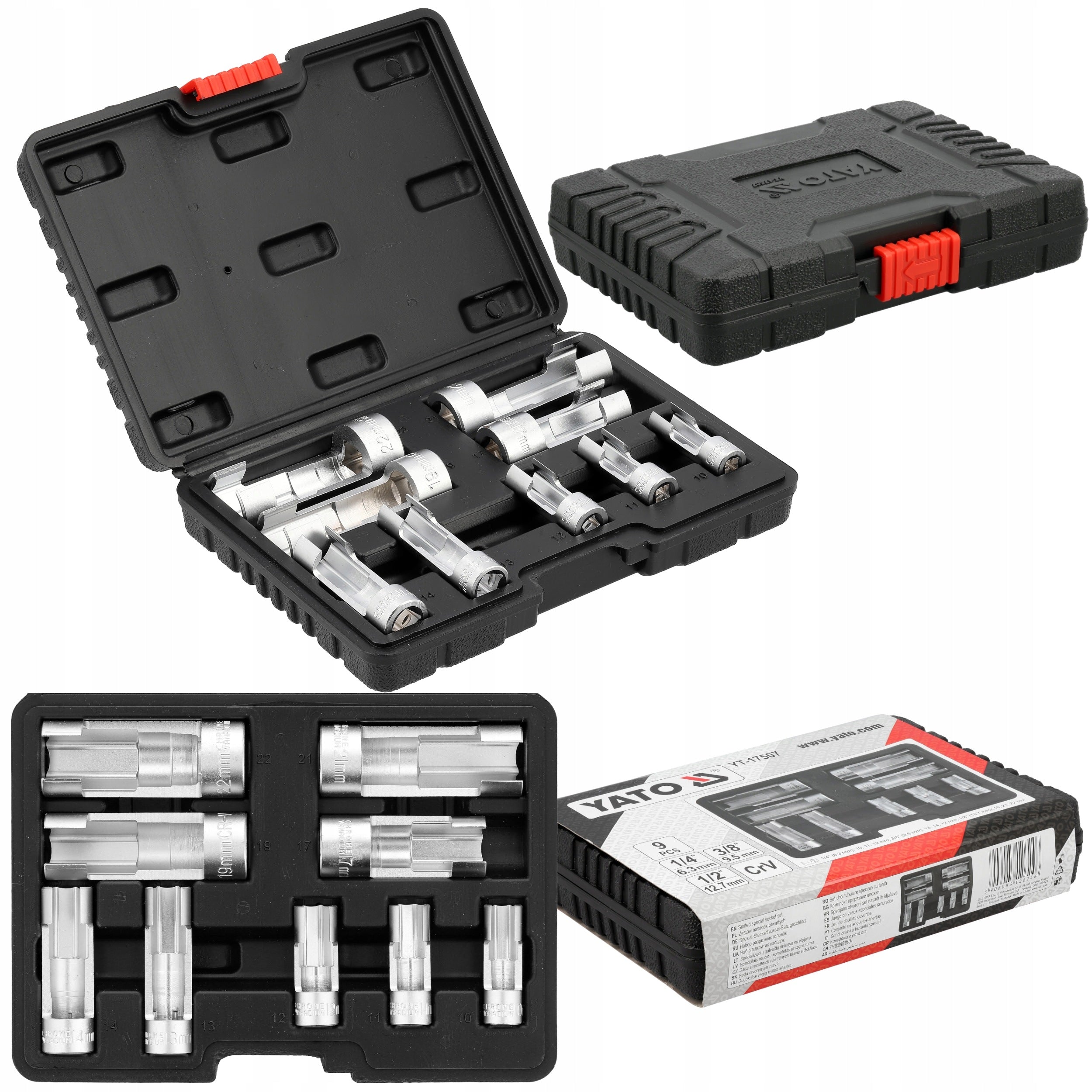 YATO OPEN CAPS SET 3/8" 1/2" 1/4" 9 ELEMENTS LENGTH 46 - 78 mm