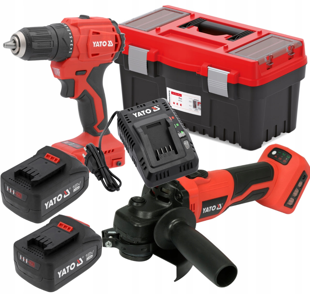 YATO SET GRINDER+BRUSHLESS SCREWDRIVER 2x4 Ah LOADER BOX Batteries included yes