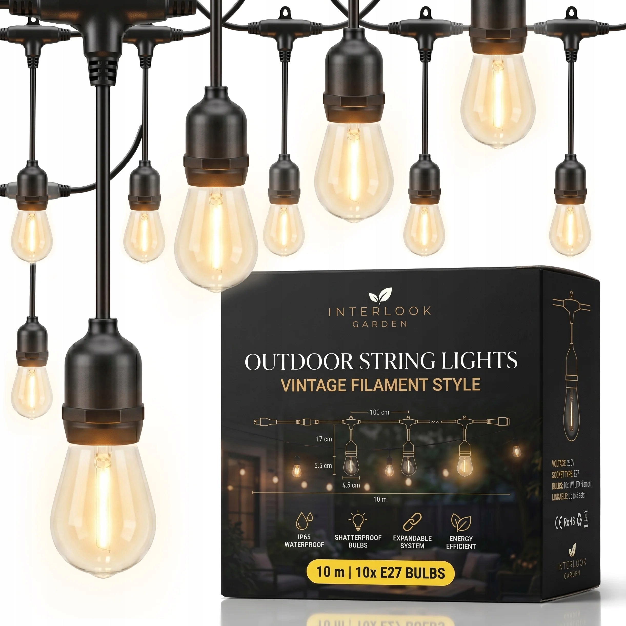 YEAR-ROUND GARDEN GARLAND LIGHT 10m 10x LED BULB E27 WATERPROOF