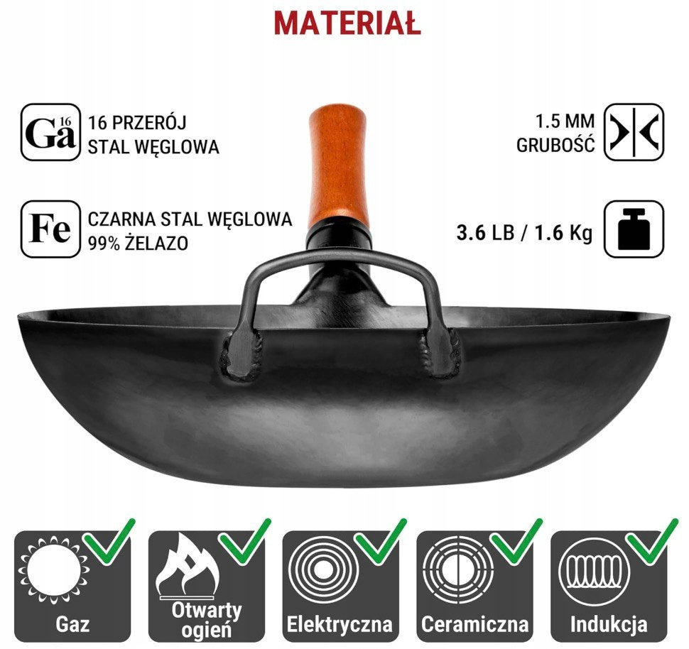 YOSUKATA Wok 34 cm Carbon Steel Pan Wok Gas Induction Flat Bottom Manufacturer code 321309