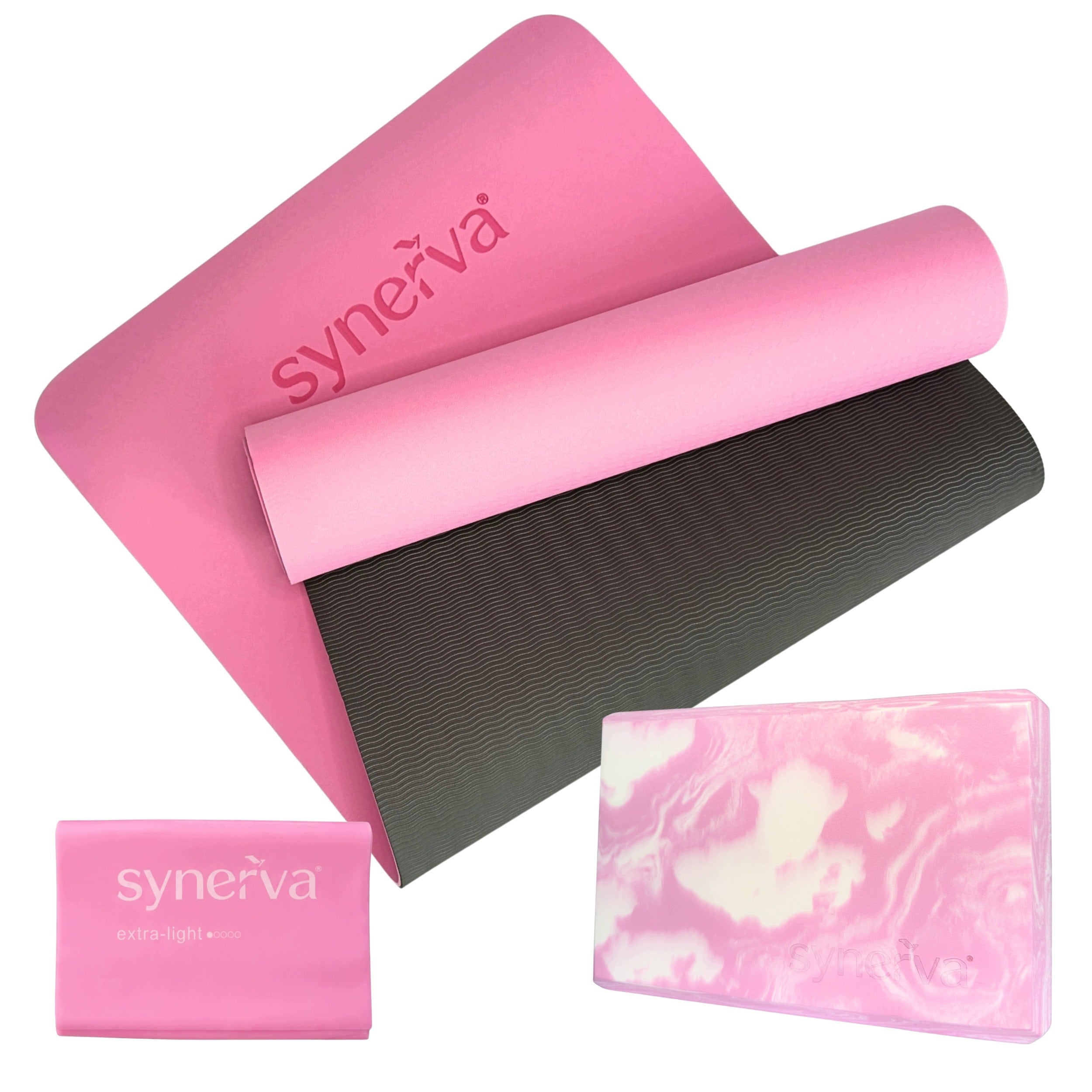 Yoga Set Mat Cube Stretching Tape Fitness Pink Synerva