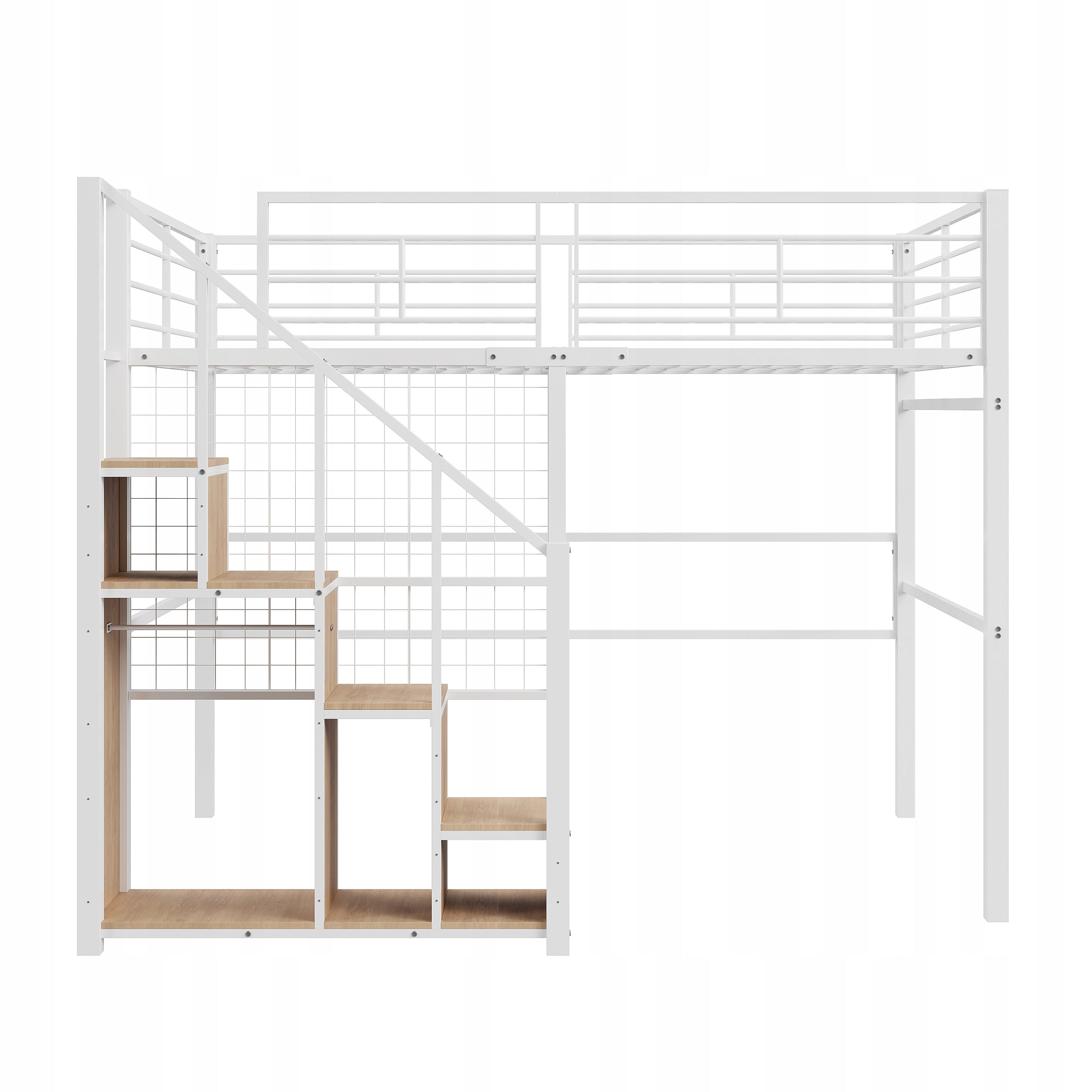 Youth High Bed with Safety Railing 140x200, White Iron Frame and Shelf Brand no brand