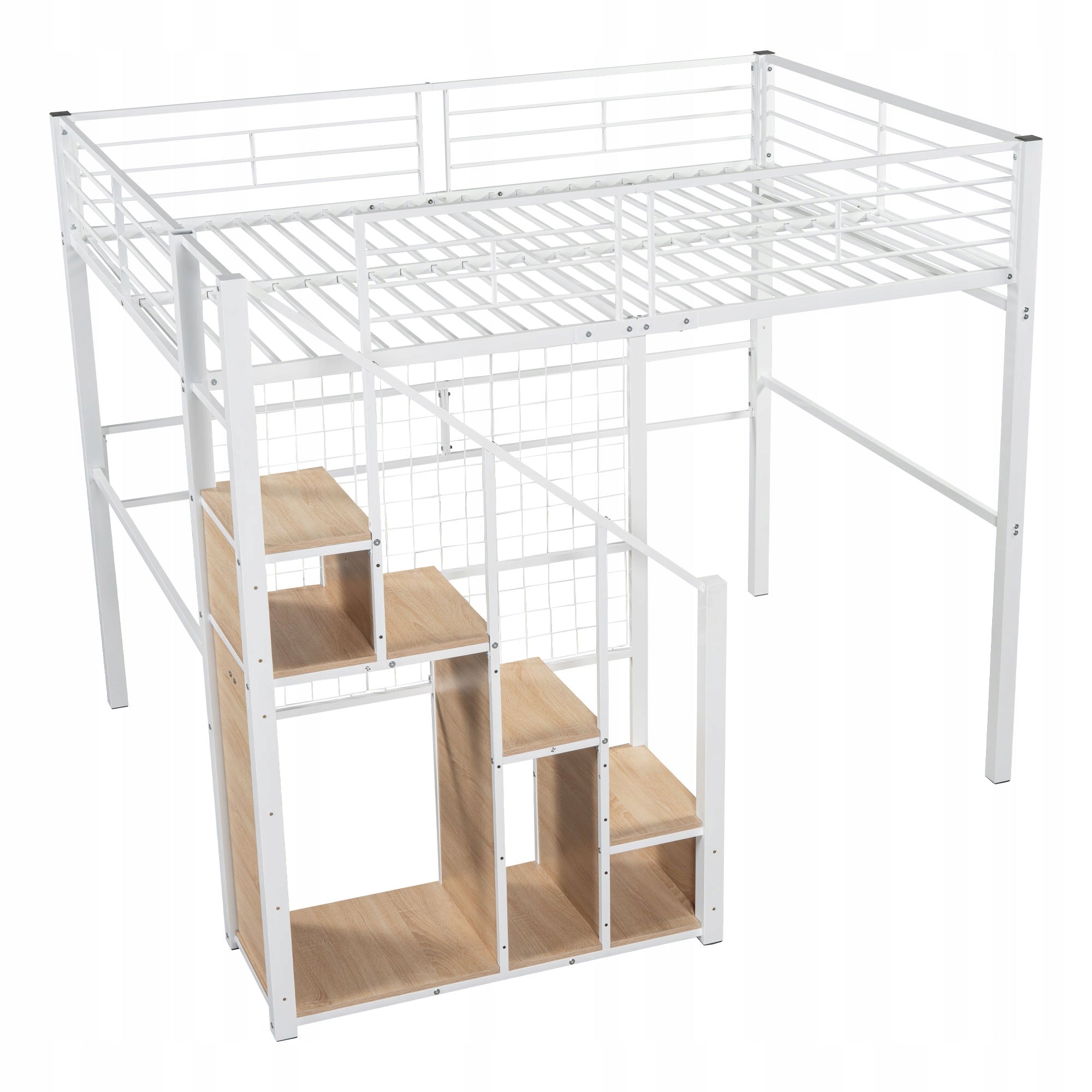 Youth High Bed with Safety Railing 140x200, White Iron Frame and Shelf Number of pieces 3 pcs