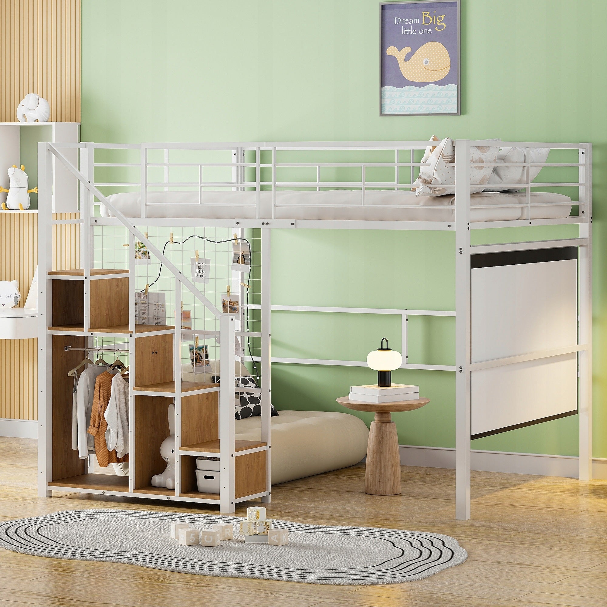 Youth High Bed with Safety Railing 140x200, White Iron Frame and Shelf