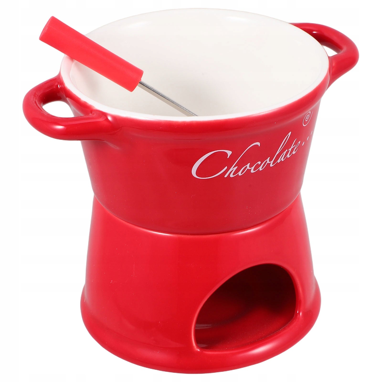 ZESTAW CERAMICZNYCH NACZYŃ DO FONDUE Z CZERWONYM GARNKIEM DO CZEKOLADY Color red