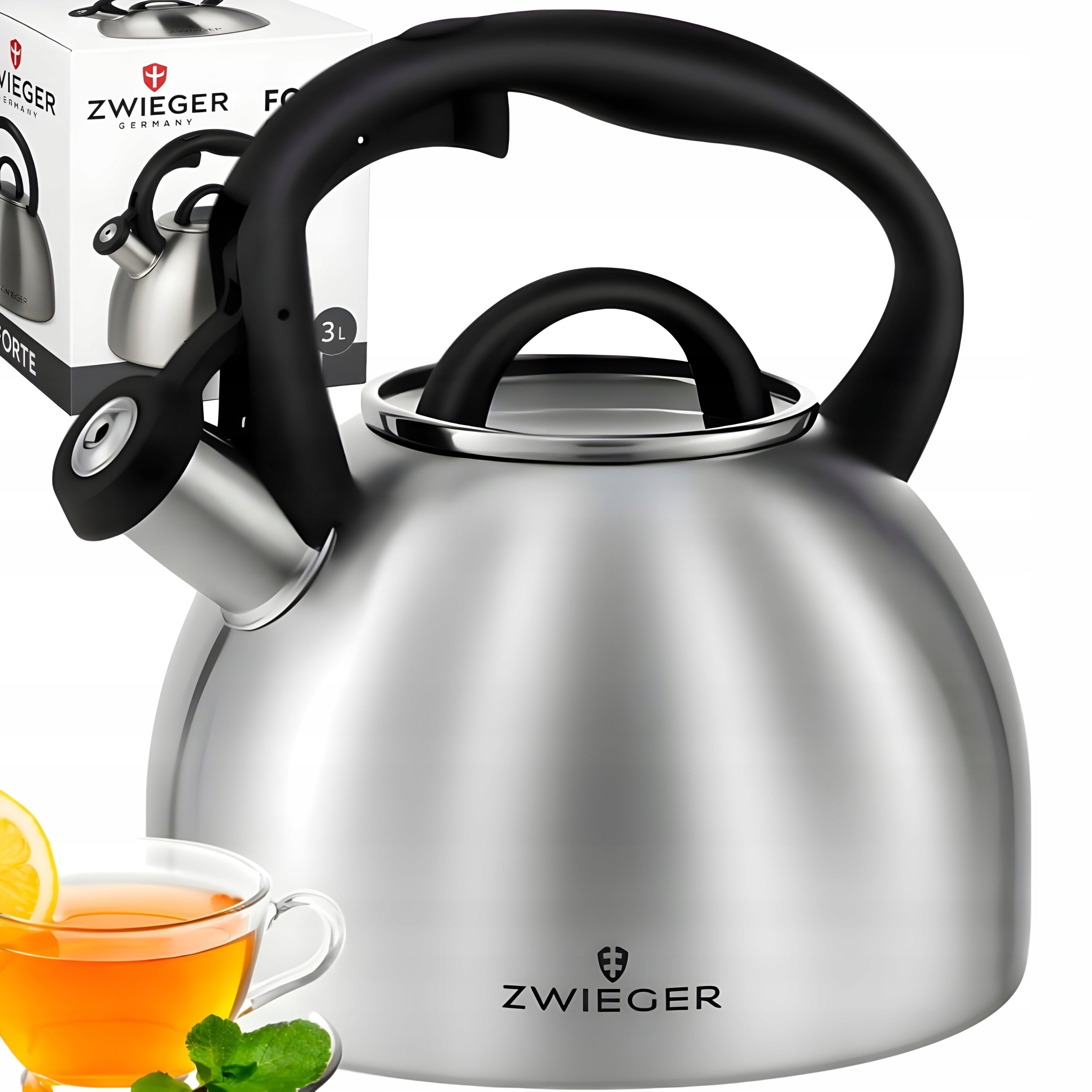 ZWIEGER KETTLE WITH WHISTLE STEEL GLOSS SILVER INDUCTION GAS FORTE 3 L