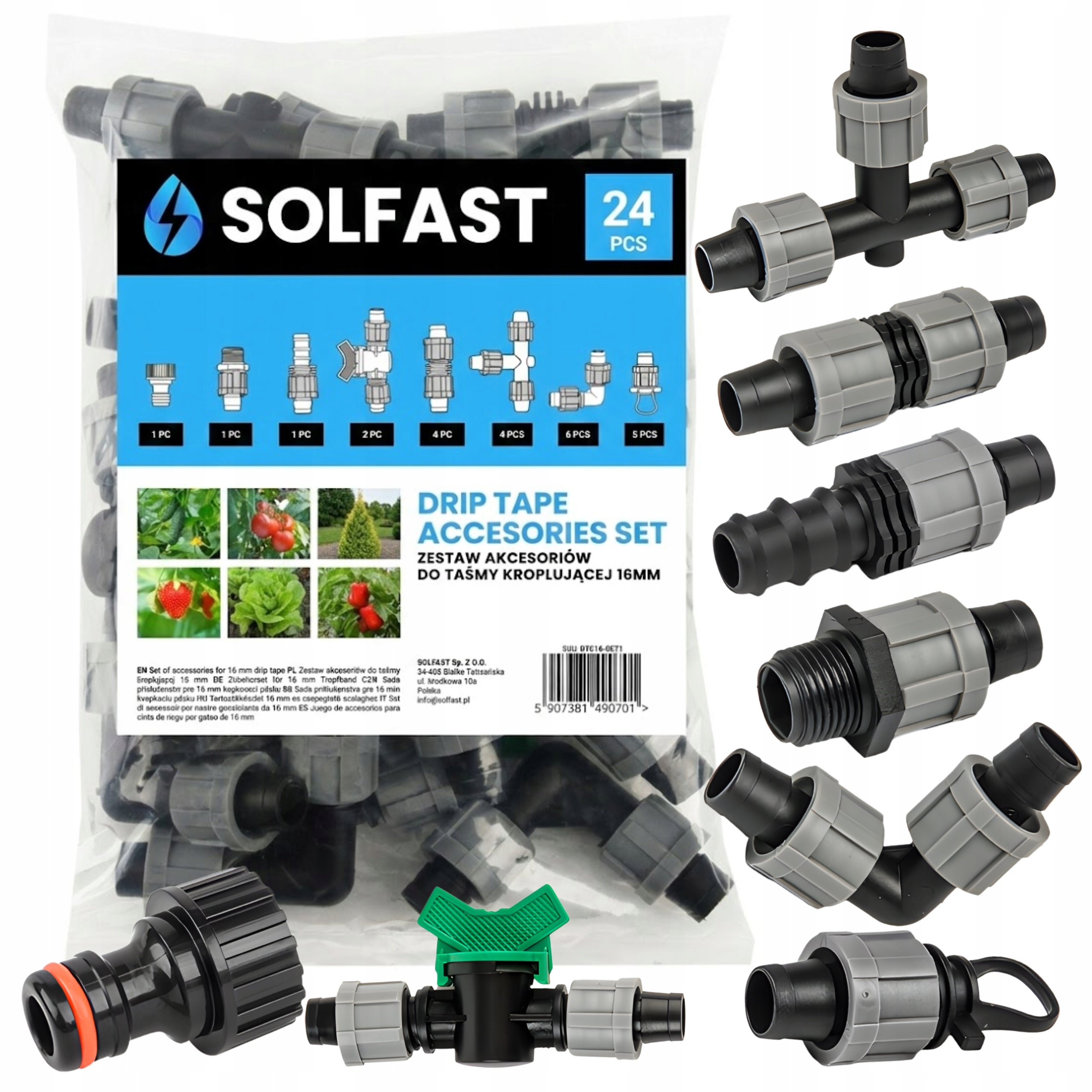 Zestaw do nawadniania kropelkowego taśma 16mm 24 elementy SOLFAST Brand SOLFAST