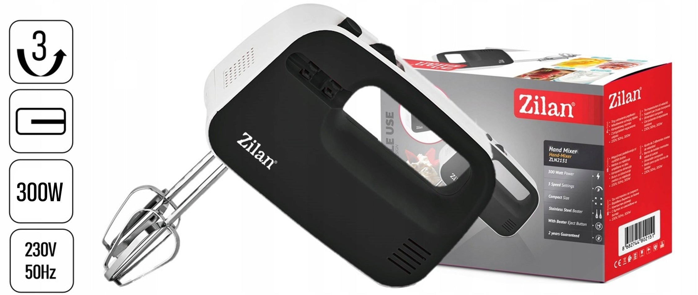 Zilan ZLN2151 ruční mixér 300W 3 rychlosti šlehání hnětení černobílý