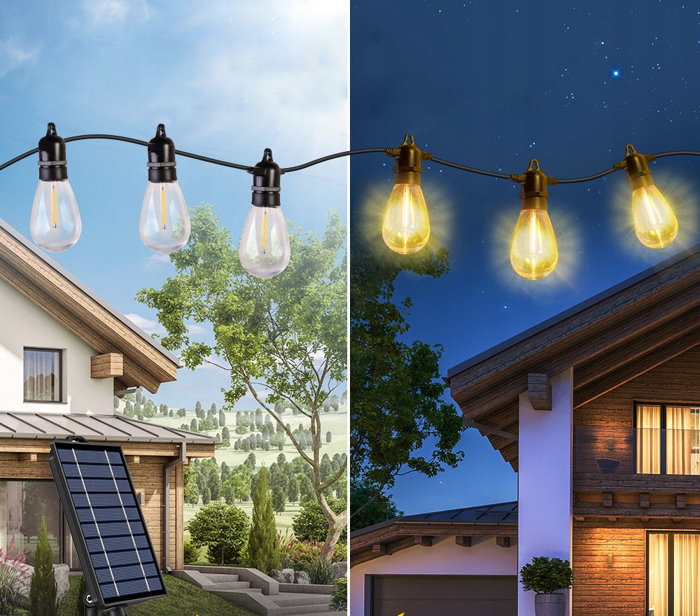 Sodo girlianda, 20 m, 20 LED lemputės E27, saulės energija, su nuotoliniu valdymu