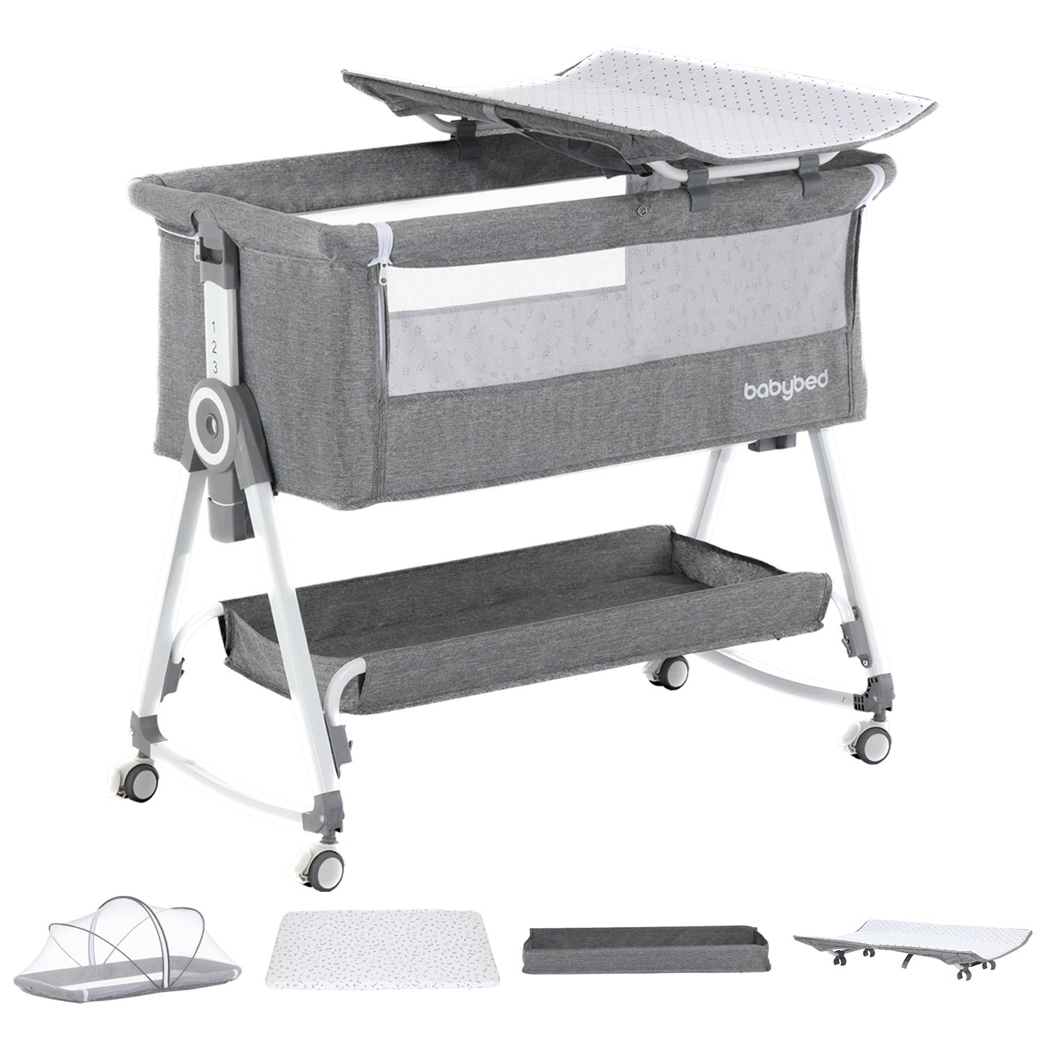Łóżeczko dostawne, wolnostojące, kołyska 2w1 zestaw dodatków 93x53x71-83 cm Medical device no