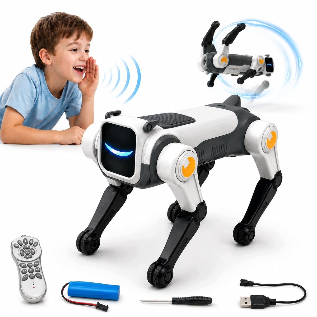 robot dog Voice-controlled, performing effective flips