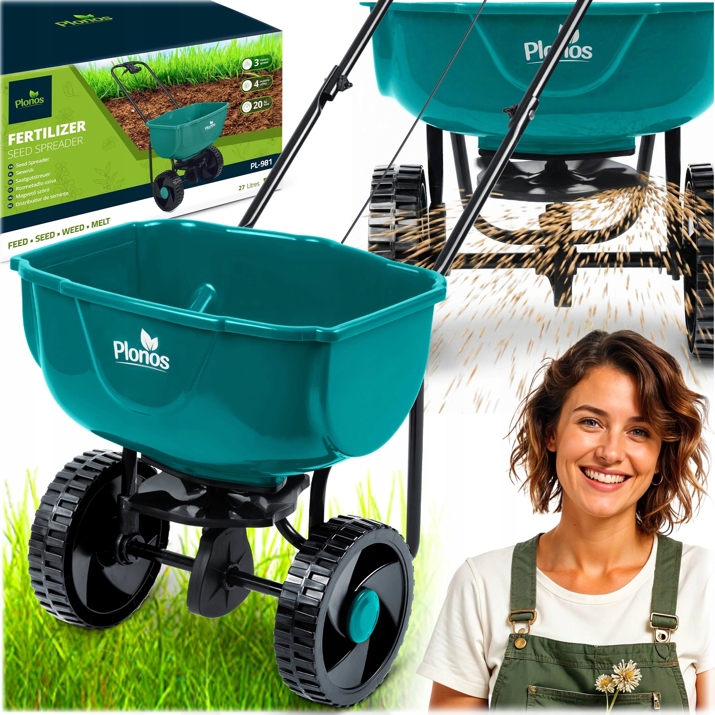 seed GRASS SEED DRILL MANUAL FERTILIZER SPREADER 27L Plonos ADJUSTABLE