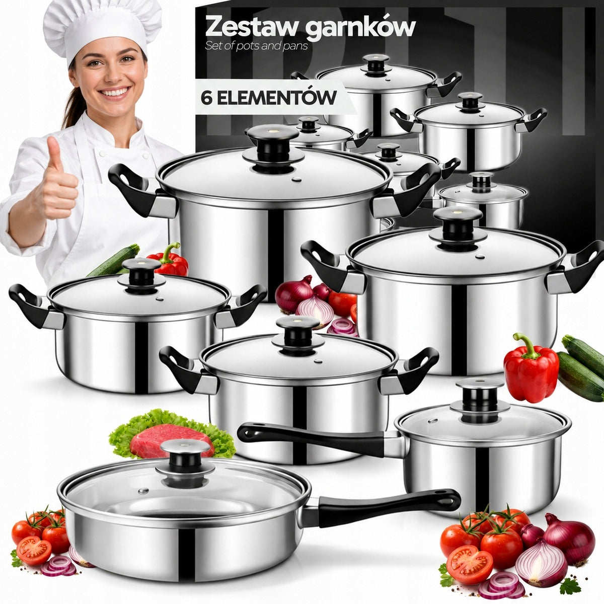 set of cooking pots induction gas 12 elements stainless steel